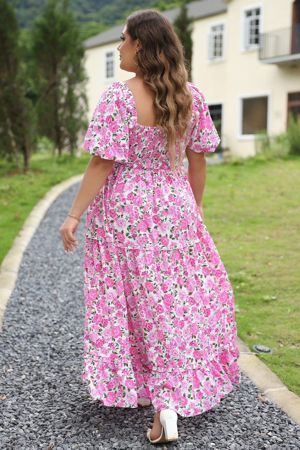 Pink Plus Size Floral Print Maxi Dress