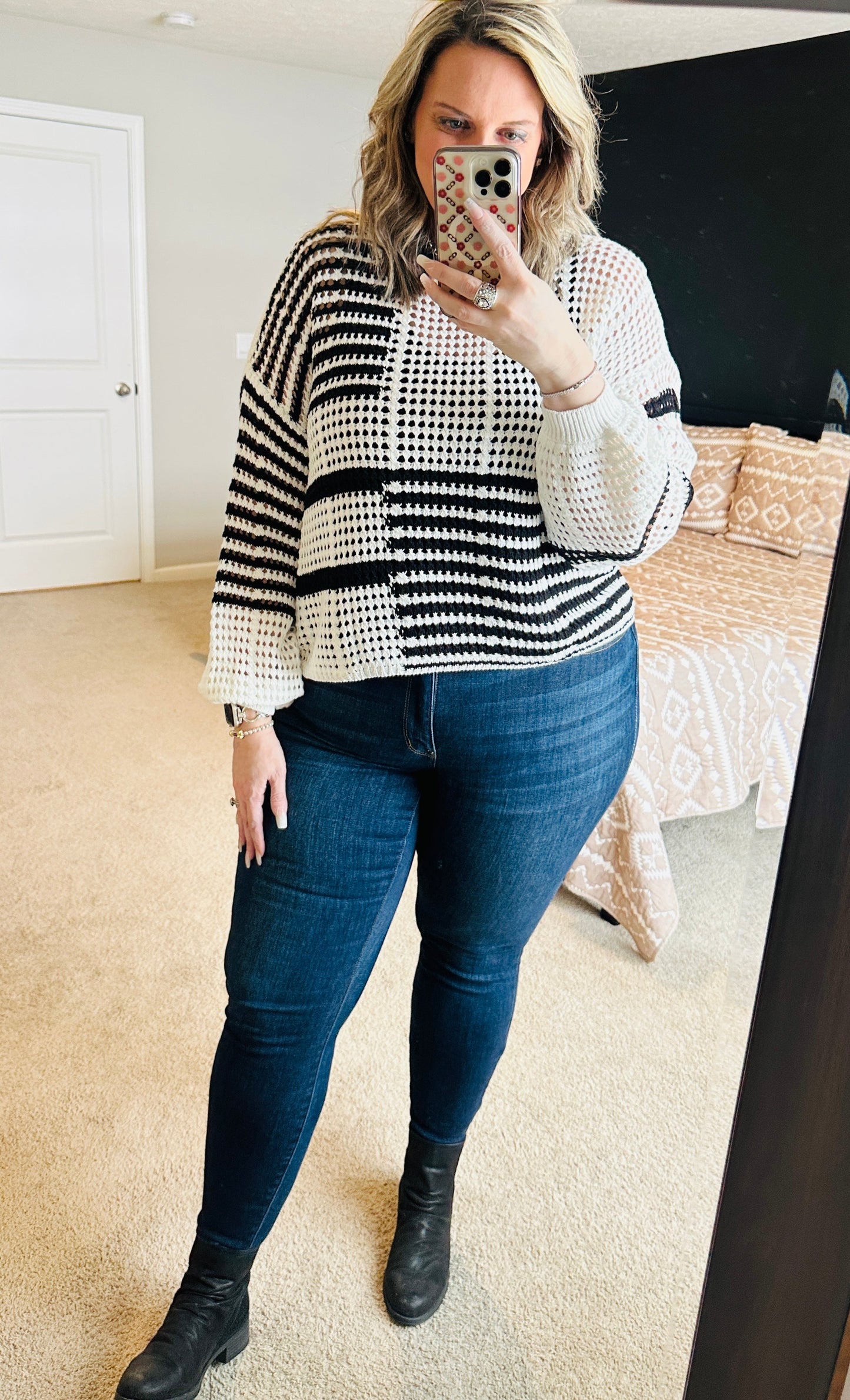 Black and White Stripe Knit Plus Size Sweater