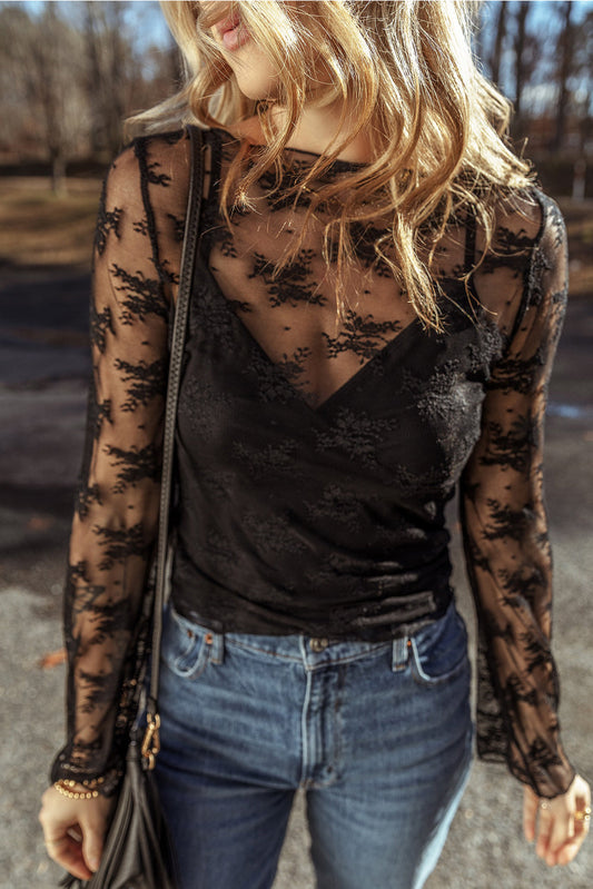 Black Mesh & Crochet Blouse