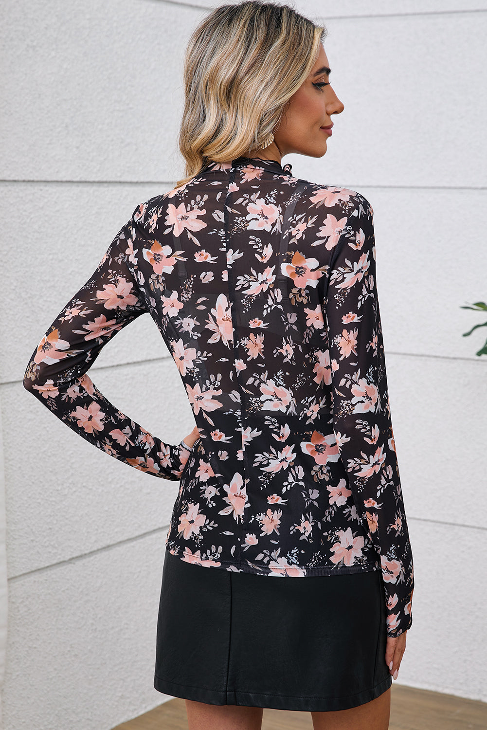Black Floral Long Sleeve Mesh Top