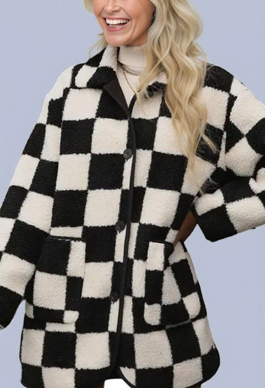 Checkered Buttoned Fleece Jacket