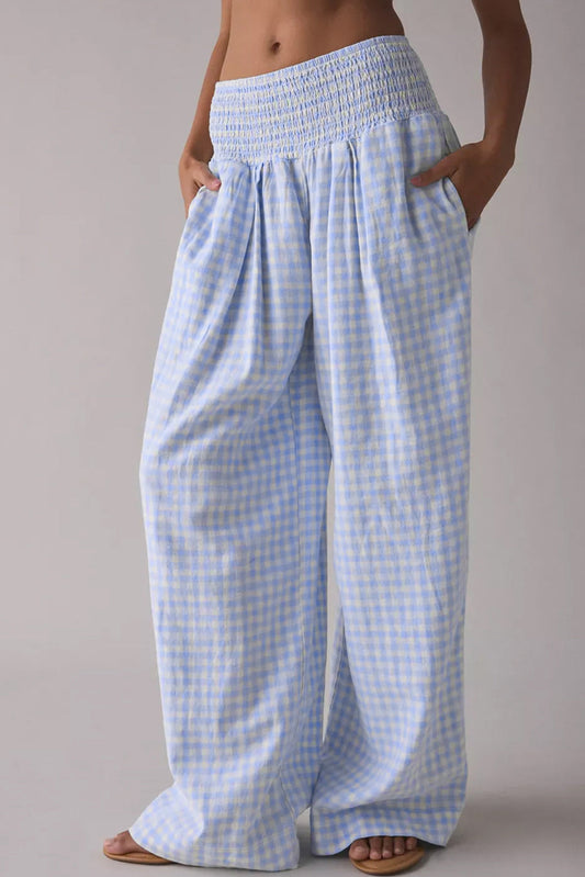 Light blue checkered baggy pants with elastic waist