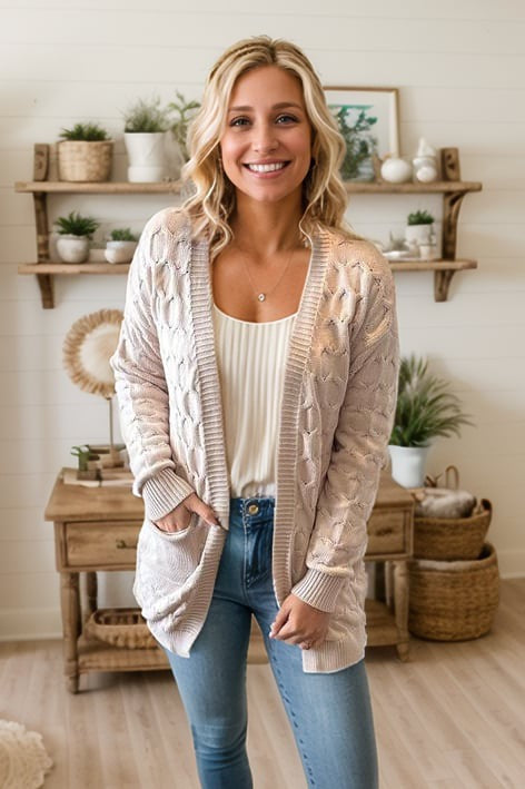 Neutral Eyelet Knit Cardigan