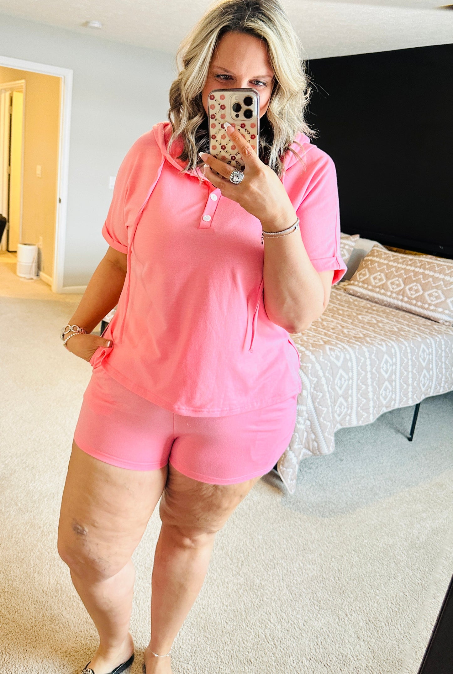 Pink Henley Top + Shorts Set