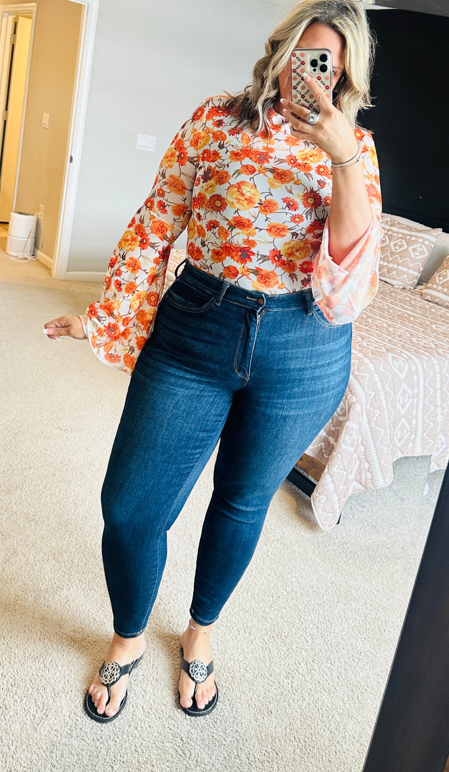 Orange Floral Mesh Boho Top