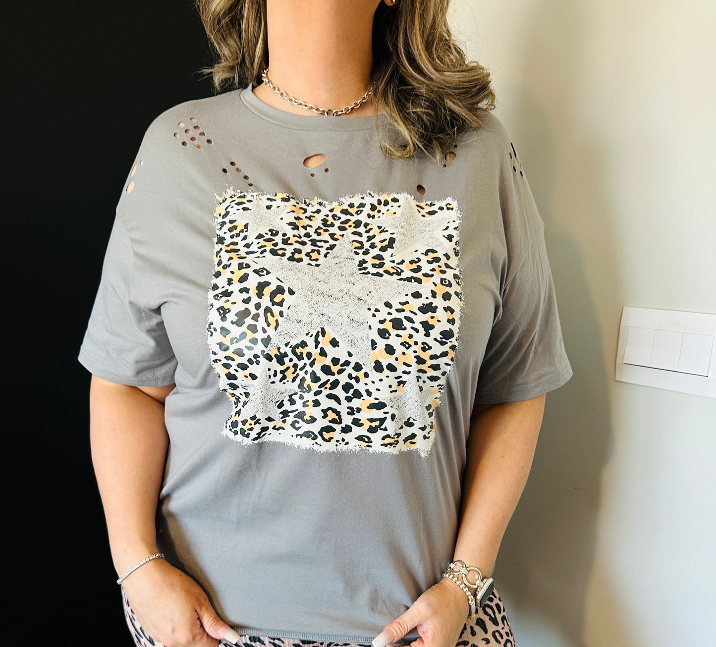 Leopard Stars Distressed Graphic Tee