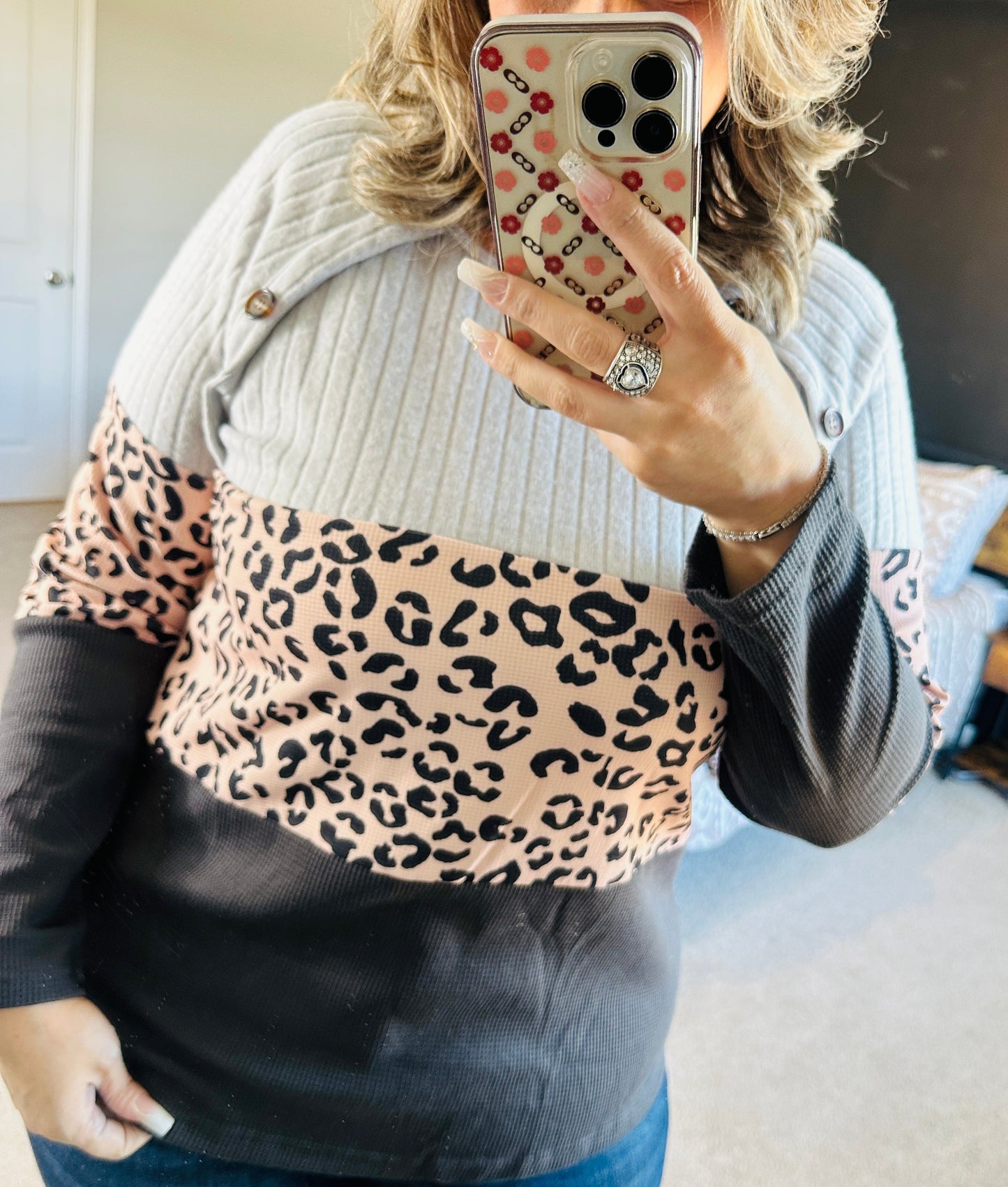 Leopard Button Colorblock Top