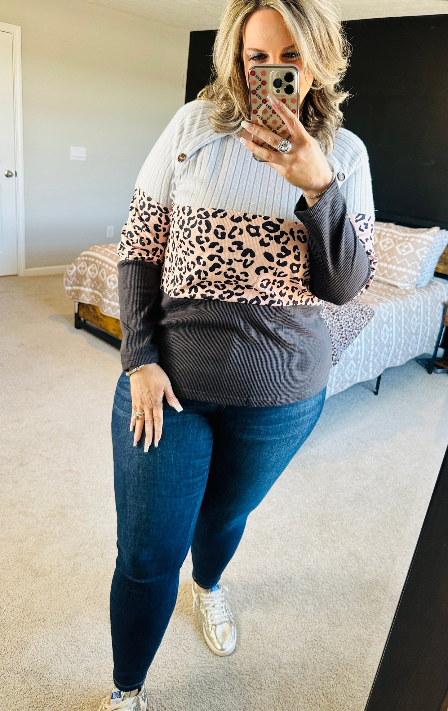 Leopard Button Colorblock Top