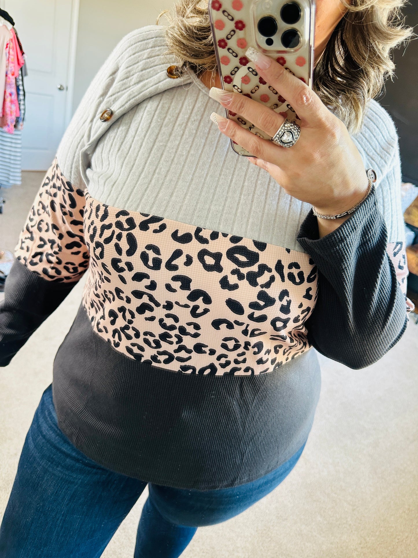 Leopard Button Colorblock Top