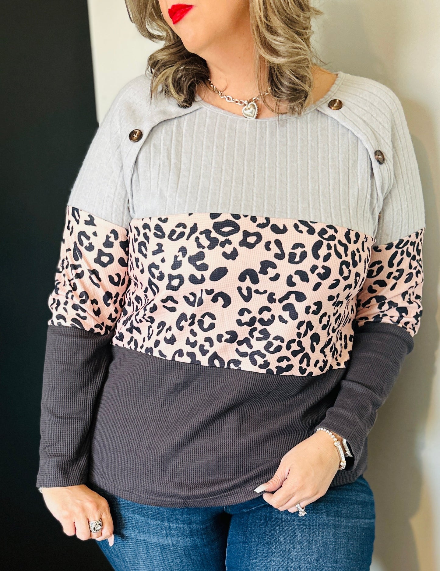 Leopard Button Colorblock Top