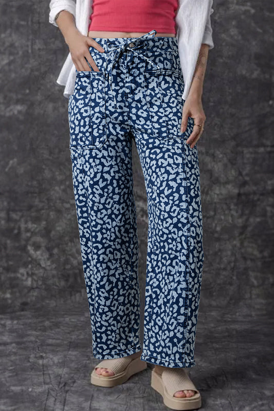Leopard Print Drawstring Pocketed Wide Leg Jeans