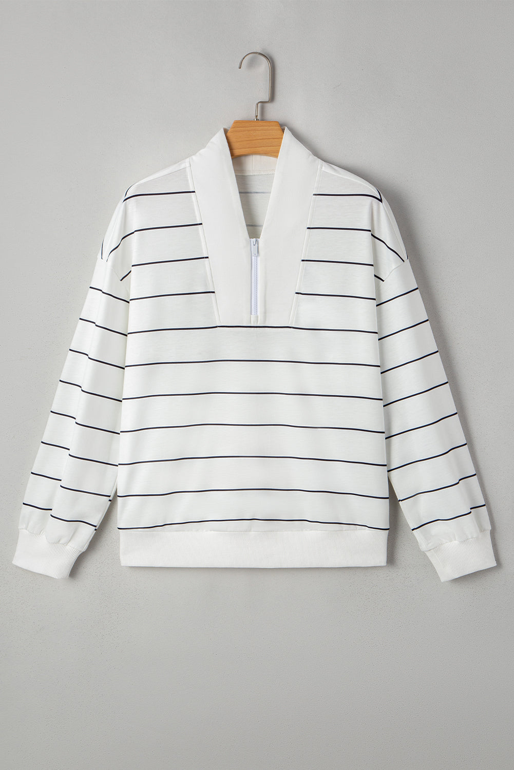 White Striped Zipper V-Neck Top