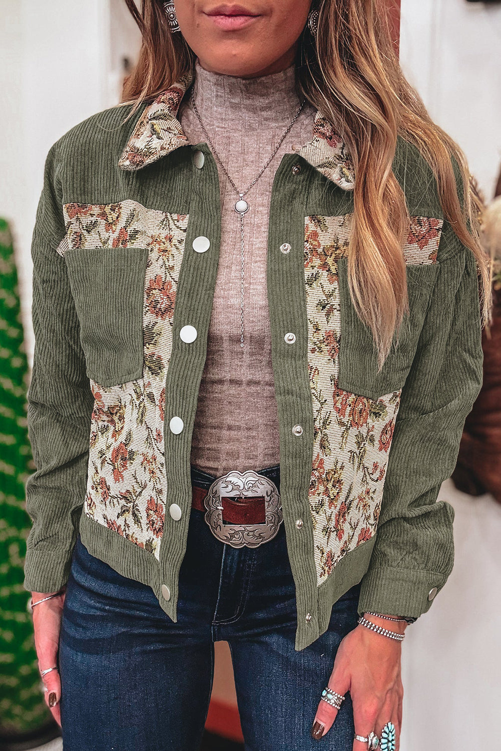 Patchwork floral jacet in green courdoroy.